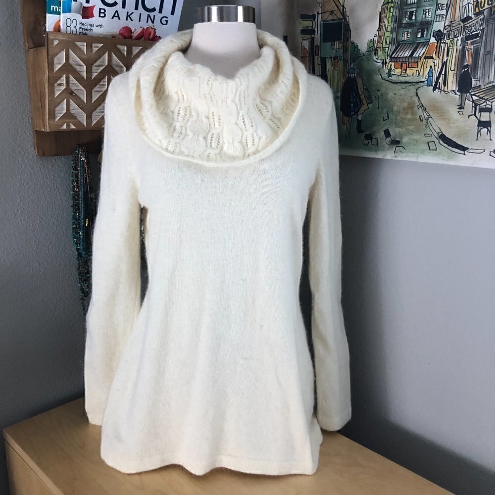 Fenn Wright Manson Ivory Cable Knit Cowl Neck Angora Blend Sweater Large L Boho